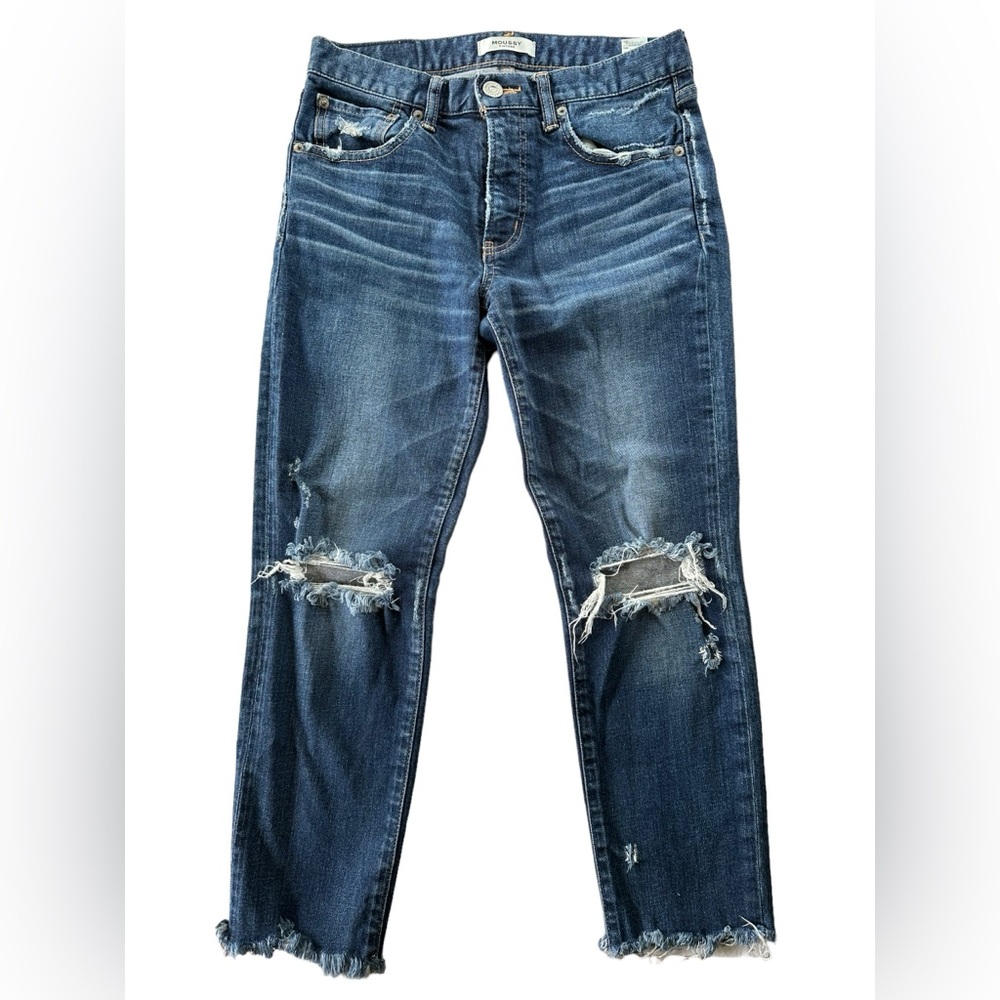 Moussy Distressed Mid Wash Blue Jeans